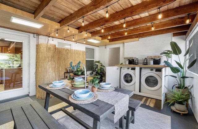 interior space featuring beam ceiling, washing machine and clothes dryer, and wood ceiling