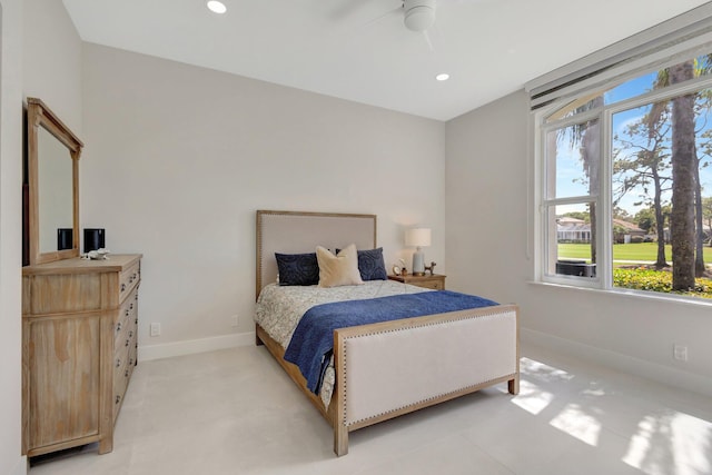 bedroom with ceiling fan, baseboards, and recessed lighting