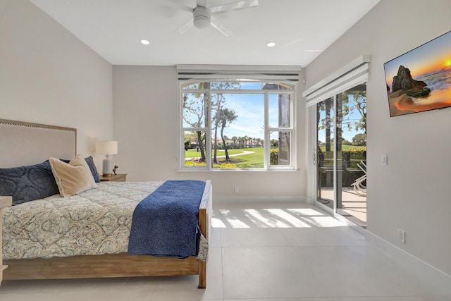 bedroom with ceiling fan, recessed lighting, baseboards, access to exterior, and tile patterned floors