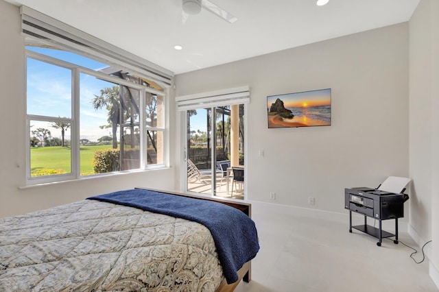 bedroom with access to exterior, baseboards, a ceiling fan, and recessed lighting