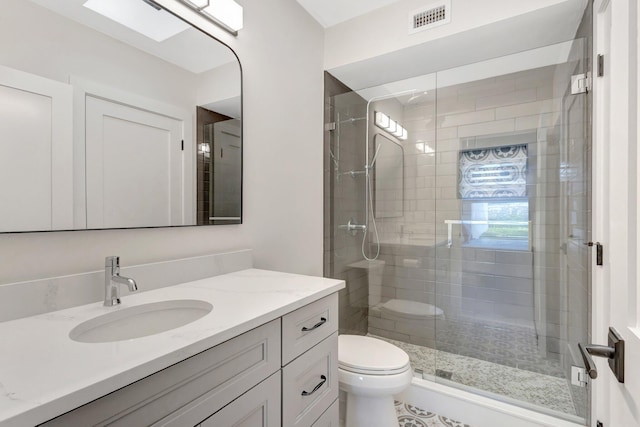 full bath with toilet, a stall shower, vanity, and visible vents