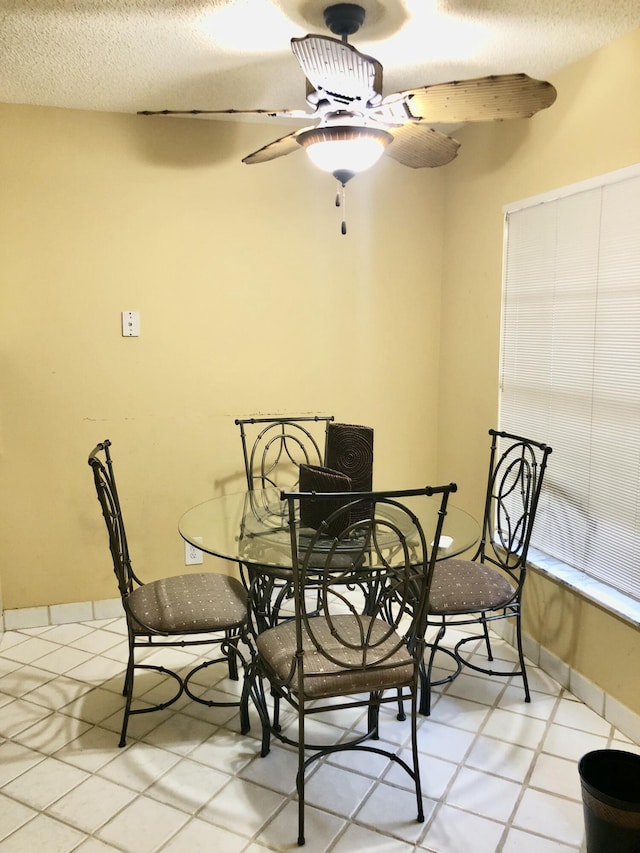 dining room with a ceiling fan and a textured ceiling