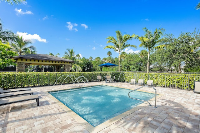 view of pool featuring a patio, fence, and a fenced in pool