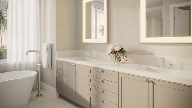 full bath with double vanity, a soaking tub, and a sink