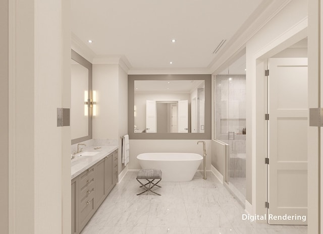 bathroom featuring a freestanding tub, vanity, marble finish floor, ornamental molding, and a stall shower