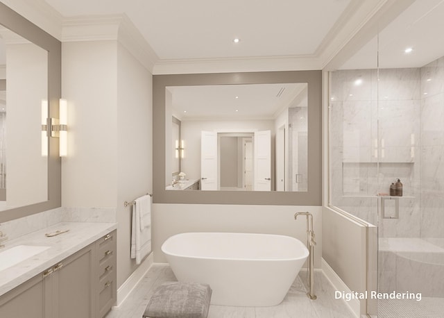 full bath with ornamental molding, a freestanding bath, a shower stall, and vanity