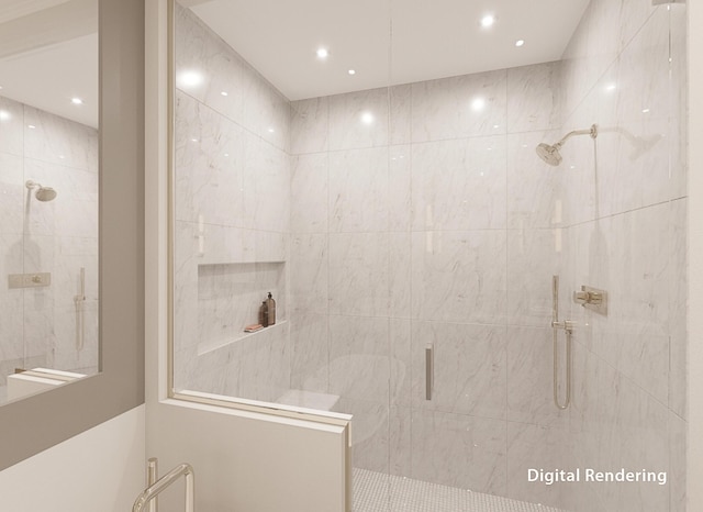 full bath featuring a tile shower and recessed lighting