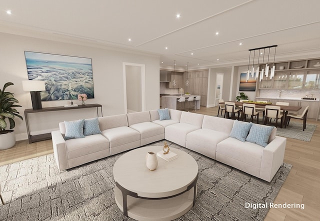 living area with light wood-type flooring, baseboards, crown molding, and recessed lighting