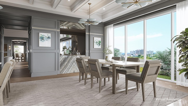 dining space featuring light wood finished floors, beamed ceiling, plenty of natural light, and crown molding