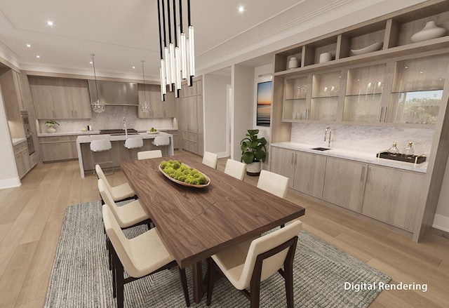 dining area featuring ornamental molding, recessed lighting, light wood-style flooring, and baseboards