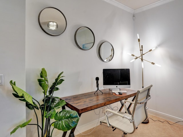 office space with baseboards, crown molding, and light tile patterned flooring