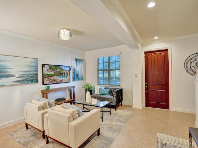 living room with light tile patterned floors, baseboards, ornamental molding, and recessed lighting