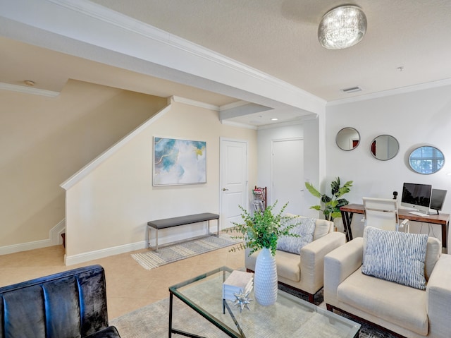 living room featuring ornamental molding, stairs, baseboards, and tile patterned floors