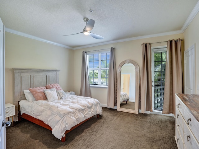 bedroom with dark colored carpet, multiple windows, crown molding, and a textured ceiling