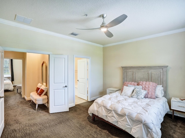 bedroom with carpet, visible vents, ornamental molding, a textured ceiling, and baseboards