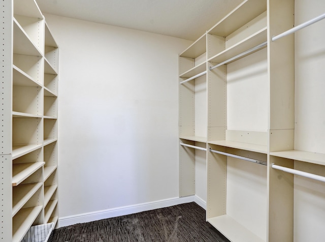 walk in closet with dark carpet