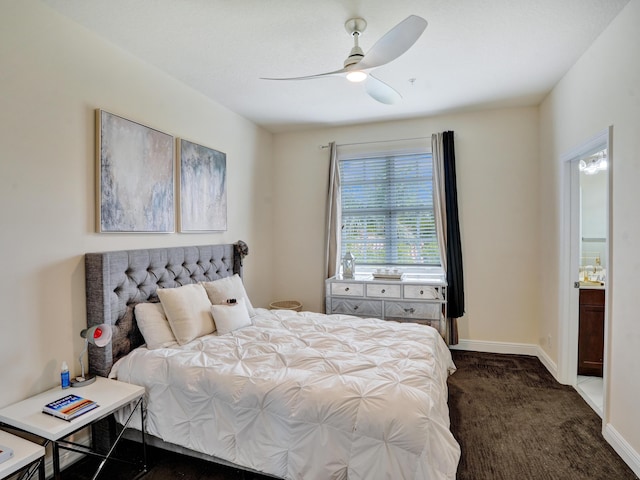 bedroom featuring ceiling fan, dark colored carpet, and baseboards