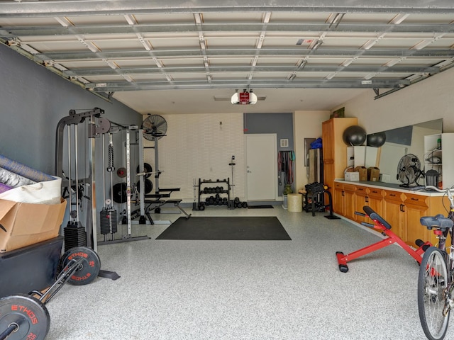 workout room featuring a garage