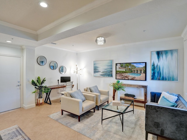 living area with baseboards, ornamental molding, light tile patterned flooring, and recessed lighting