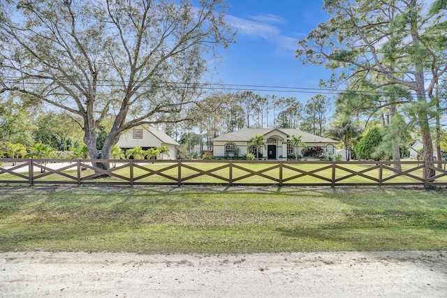 exterior space with a fenced front yard and a front lawn