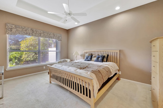 bedroom featuring ceiling fan, recessed lighting, carpet, and baseboards