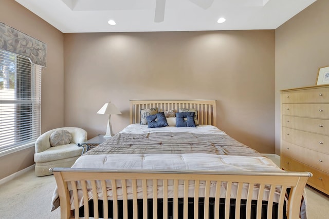 bedroom with recessed lighting, baseboards, ceiling fan, and light colored carpet