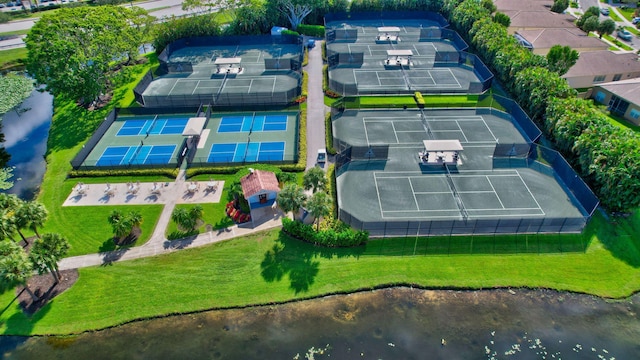 drone / aerial view with a water view