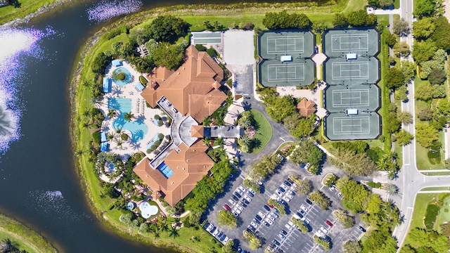 aerial view featuring a water view