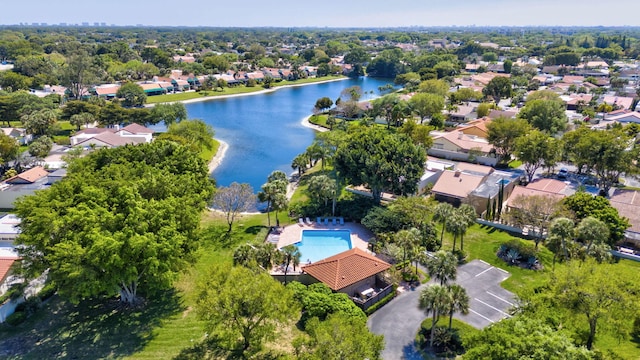 birds eye view of property featuring a residential view and a water view