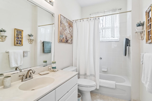 bathroom featuring tile patterned floors, vanity, toilet, and shower / tub combo with curtain