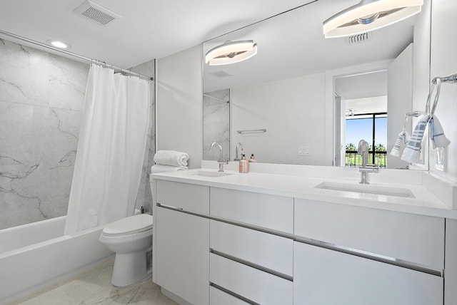 bathroom featuring double vanity, toilet, a sink, and shower / tub combo with curtain
