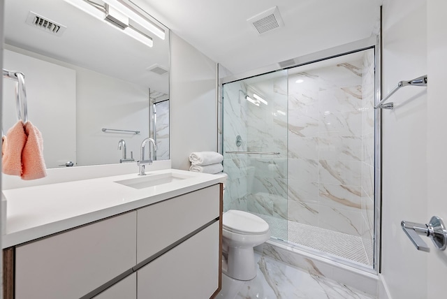 full bath with a marble finish shower, marble finish floor, and visible vents