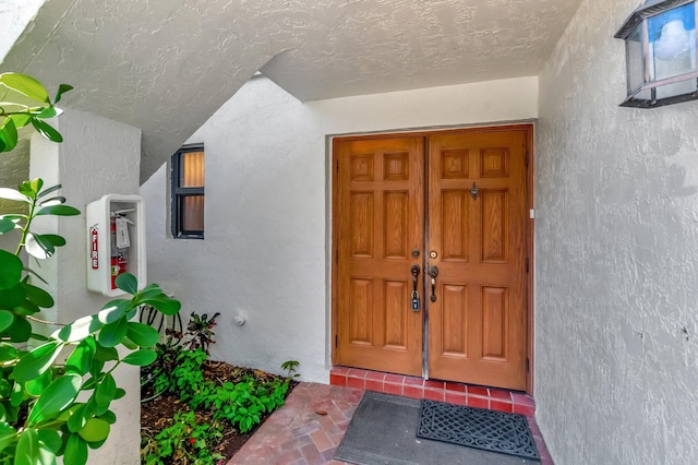 doorway to property featuring stucco siding