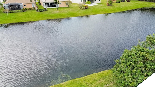 drone / aerial view with a water view