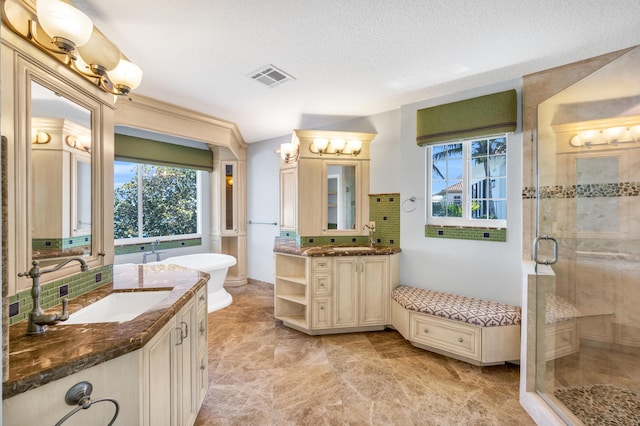 full bathroom featuring a sink, a shower stall, visible vents, and a wealth of natural light