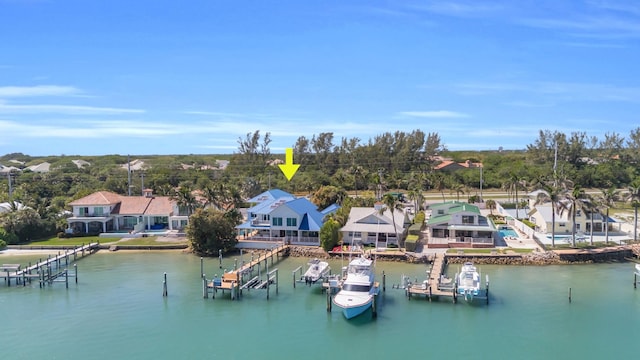 aerial view featuring a water view and a residential view