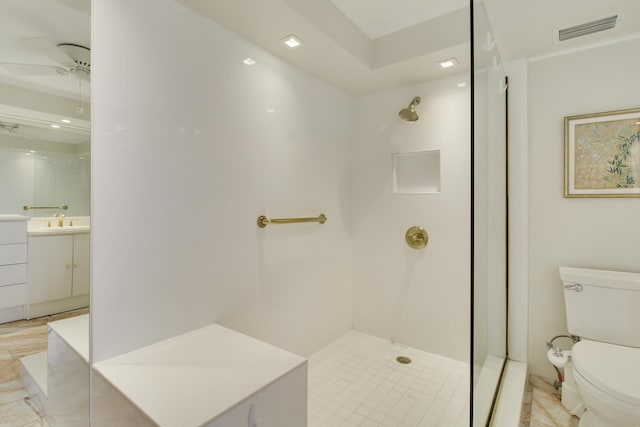 full bath featuring toilet, walk in shower, visible vents, and crown molding