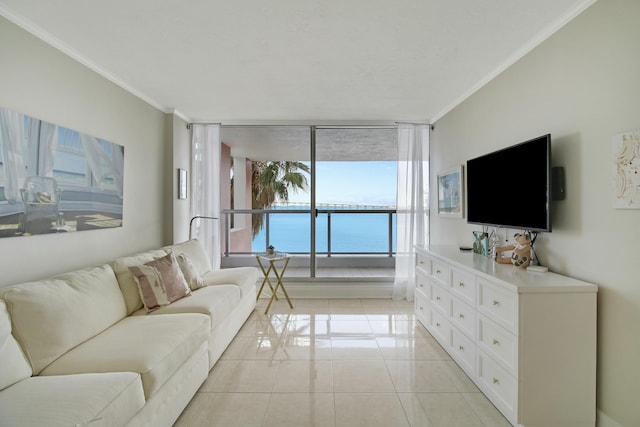 living area featuring light tile patterned floors, expansive windows, and ornamental molding