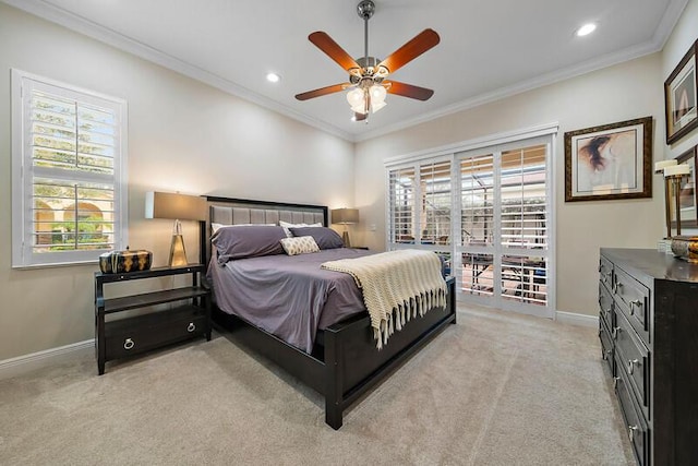 bedroom with recessed lighting, ornamental molding, a ceiling fan, light carpet, and baseboards