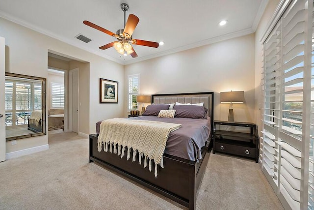 carpeted bedroom featuring recessed lighting, visible vents, ornamental molding, a ceiling fan, and baseboards