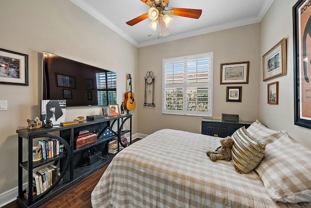 bedroom featuring baseboards, ornamental molding, ceiling fan, and dark wood-style flooring