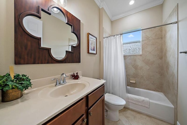 bathroom with tile patterned flooring, toilet, vanity, shower / bath combination with curtain, and crown molding