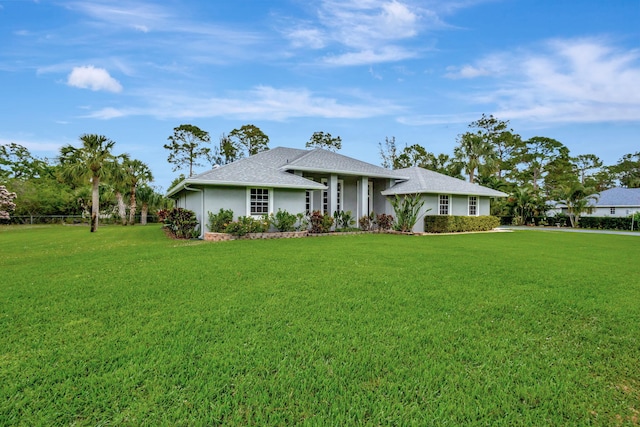 single story home featuring a front lawn and stucco siding