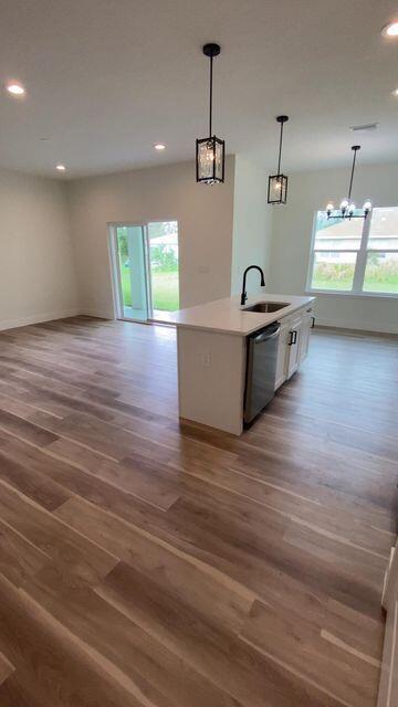 kitchen with stainless steel dishwasher, open floor plan, a sink, and wood finished floors