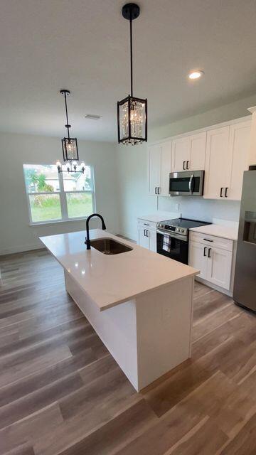 kitchen featuring stainless steel appliances, light countertops, white cabinetry, a sink, and an island with sink