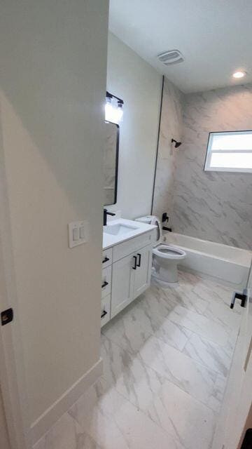 bathroom featuring marble finish floor, visible vents, toilet, vanity, and  shower combination