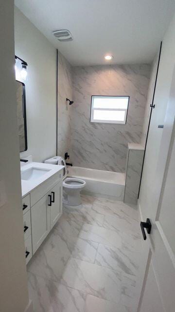 full bath featuring marble finish floor, shower / bathtub combination, visible vents, toilet, and vanity