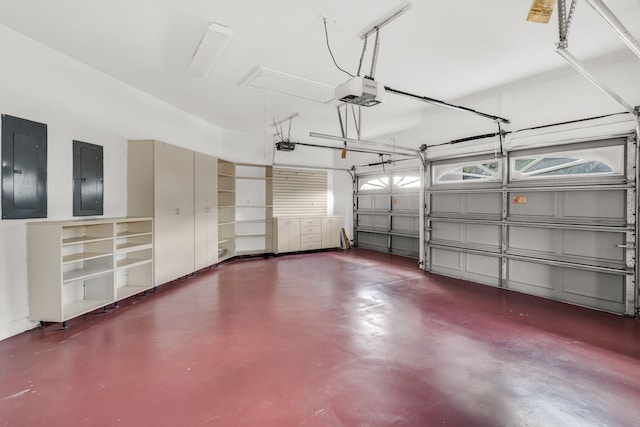 garage with electric panel and a garage door opener