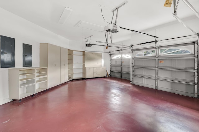 garage featuring electric panel and a garage door opener