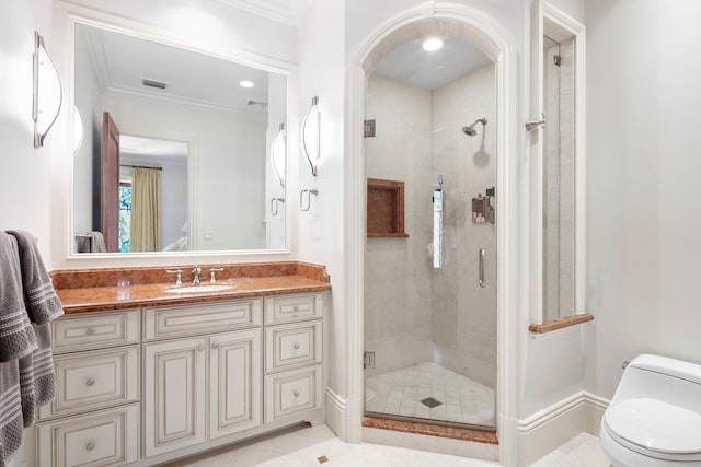 full bathroom featuring a stall shower, visible vents, toilet, ornamental molding, and vanity